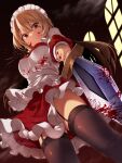  1girl absurdres apron blonde_hair blood blood_on_weapon breasts feet_out_of_frame foreshortening frilled_apron frills from_below full_moon garter_belt garter_straps highres knife looking_at_viewer maid_apron maid_headdress midori_(misuriru8) moon night perspective solo thighhighs touhou touhou_(pc-98) waist_apron weapon white_apron yumeko_(touhou) 