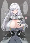  1girl armor bangs bea_(bropmlk) blue_eyes blush breast_tattoo breasts cleavage clothes_pull commentary_request deep_skin ethel_(xenoblade) highres huge_breasts long_hair looking_at_viewer paizuri_invitation pants shoulder_armor sidelocks solo speech_bubble sweat tattoo translation_request very_long_hair white_hair xenoblade_chronicles_(series) xenoblade_chronicles_3 