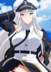  1girl absurdres arm_behind_head arm_up azur_lane bangs bare_shoulders belt black_belt black_coat black_necktie black_panties black_skirt blue_sky breasts closed_mouth cloud coat collarbone collared_shirt commentary_request cowboy_shot day enterprise_(azur_lane) gold_trim grey_eyes grey_hair groin hair_between_eyes hat highres large_breasts long_hair looking_at_viewer makiri_akira military_hat miniskirt necktie off_shoulder open_clothes open_coat panties pantyshot partial_commentary peaked_cap pleated_skirt shirt sidelocks skirt sky sleeveless sleeveless_shirt solo standing underbust underwear upskirt very_long_hair white_headwear white_shirt 