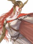  1girl absurdres armor breasts cape cho_(chorion) covered_eyes dress elden_ring helmet highres long_hair malenia_blade_of_miquella mechanical_arms open_mouth prosthesis prosthetic_arm red_cape red_hair simple_background single_mechanical_arm solo very_long_hair winged_helmet 