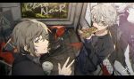  2boys black-framed_eyewear black_jacket chronoir ear_piercing earrings food grey_eyes grey_sweater holding holding_food hot_dog jacket jewelry kanae_(nijisanji) kiragera kuzuha_(nijisanji) long_sleeves looking_at_viewer low_ponytail male_focus mole mole_under_eye multiple_boys nijisanji open_clothes open_jacket piercing pointy_ears red_eyes short_hair smile sweater turtleneck turtleneck_sweater v vampire virtual_youtuber white_hair 