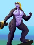  anthro breasts claws crocodile crocodilian crocodylid ctrl-atl-replace7888 dreadlocks eye_scar facial_scar female hi_res luda_chempion melee_weapon muscular muscular_female nipples purple_body purple_scales reptile scales scalie scar solo sword weapon 