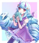  accessory animal_humanoid blue_hair blush blush_lines bracelet clothing delmin_(show_by_rock!!) demon dragon dragon_humanoid dress flower flower_in_hair hair hair_accessory hi_res humanoid jewelry long_hair open_mouth plant plushie show_by_rock!! 