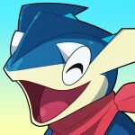  amphibian eyes_closed fan_character frog gradient_background greninja nintendo open_mouth pok&eacute;mon pok&eacute;mon_(species) red_scarf scarf simple_background smile smiling_at_viewer tongue video_games 