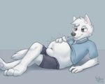  after_vore anthro bedroom_eyes belly bloated blush bottomwear canid canine canis clothing digestion digestion_noises fur hand_on_stomach hiccuping hybrid lying male male_pred mammal narrowed_eyes navel oral_vore polo_shirt seductive shirt shorts simple_background solo solo_focus topwear vore white_body white_fur wolfdog wolfyvero wonivero 
