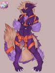  anthro arm_fluff balls blush bow_ribbon claws digital_media_(artwork) dragon dtfrisk345 erection fluffy fluffy_arms fluffy_tail fur genitals hair hi_res himbo himbo_pecs horn leg_fluff looking_away looking_down male muscular nipples nude penile penis purple_body purple_fur ray_(disambiguation) shy simple_background smile solo uwu wrapped_up yellow_body yellow_fur 