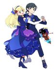  1boy 1girl alternate_costume alternate_hairstyle atsumi_yoshioka bare_shoulders black_eyes black_hair blonde_hair blue_bow blue_dress blue_footwear blue_suit blush bow bowtie braid buttons closed_mouth commentary_request cosmog dancing detached_sleeves dress elbow_gloves elio_(pokemon) flower formal frilled_skirt frills gloves green_eyes hair_flower hair_ornament hand_on_another&#039;s_back high_heels holding_hands instrument lillie_(pokemon) long_hair long_sleeves looking_at_another looking_away music official_alternate_costume open_mouth playing_instrument pocket pokemon pokemon_(creature) pokemon_(game) pokemon_masters_ex pokemon_sm ponytail purple_bow purple_bowtie red_flower shoes short_hair short_ponytail side_braid simple_background skirt sleeveless smile suit turtleneck turtleneck_dress violin waltz_(dance) white_background white_gloves 
