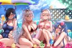  4girls absurdres aegir_(azur_lane) akuakuran alcohol august_von_parseval_(azur_lane) azur_lane bare_shoulders barefoot beach beach_towel beer bikini black_bikini black_choker black_hair blue_sky blue_swimsuit breasts choker cleavage collarbone covered_navel cup day earrings eyepatch_bikini flower friedrich_der_grosse_(azur_lane) grey_eyes grey_hair hair_between_eyes hair_flower hair_ornament hair_over_one_eye hibiscus highres holding holding_cup horizon horns jewelry knees_up large_breasts light_brown_hair long_hair looking_at_viewer manjuu_(azur_lane) medium_hair multicolored_hair multiple_girls necklace one-piece_swimsuit outdoors parted_lips purple_eyes purple_hair red_bikini red_flower red_hair roon_(azur_lane) sitting sky smile streaked_hair summer swimsuit thighs towel untied untied_bikini very_long_hair white_bikini yellow_eyes 