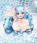  absurd_res alternate_breast_size animal_humanoid big_breasts blue_hair blush bracelet breasts delmin_(show_by_rock!!) demon dragon dragon_humanoid erect_nipples_under_clothes female hair hi_res horn huge_breasts humanoid jewelry long_hair nipples open_mouth raining raised_hand show_by_rock!! water wet wumbo_(artist) 