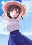  1girl :d adjusting_clothes adjusting_headwear armpits arms_up bangs blue_skirt blue_sky blunt_bangs bracelet breasts brown_hair cloud hat highres hihkunhihkun jashin-chan_dropkick jewelry large_breasts long_skirt open_mouth ribbed_sweater skirt sky sleeveless sleeveless_sweater sleeveless_turtleneck smile solo straw_hat sun sweater tachibana_mei_(jashin-chan_dropkick) turtleneck yellow_eyes 