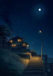 building chimney commentary_request full_moon grass highres hill house moon mountain mountainous_horizon night night_sky no_humans original outdoors pochi_(poti1990) scenery sky smoke stairs stairwell star_(sky) starry_sky tree window 
