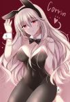  1girl alternate_costume animal_ears bangs bare_shoulders black_bow black_leotard black_pantyhose blush bow bowtie breasts character_name closed_mouth corrin_(fire_emblem) corrin_(fire_emblem)_(female) covered_navel detached_collar fake_animal_ears fire_emblem fire_emblem_fates grey_hair hair_between_eyes heart kirishima_riona leotard long_hair looking_at_viewer medium_breasts mixed-language_commentary pantyhose playboy_bunny rabbit_ears red_background red_eyes smile solo strapless strapless_leotard thighs wavy_hair wrist_cuffs 