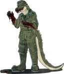  alligator alligatorid anthro blood blood_in_mouth blood_on_arm blood_on_face blood_on_hand bodily_fluids boots bottomwear clothing crocodilian footwear front_view green_body green_boots green_bottomwear green_clothing green_footwear green_hat green_headwear green_pants green_scales green_tail green_topwear hat headgear headwear imperatorcaesar male pants pupils reptile scales scalie simple_background slit_pupils solo standing topwear white_background 