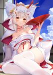  1girl :o absurdres arm_support artist_name ayanami_(azur_lane) ayanami_(demon&#039;s_finest_dress)_(azur_lane) azur_lane bangs bare_shoulders blue_sky blush breasts bride choker cleavage cloud collarbone cup highres japanese_clothes kimono long_hair looking_at_viewer medium_breasts midriff navel open_mouth panties panty_peek ponytail sakazuki shouji sidelocks signature sironora sitting sky sliding_doors solo stomach tatami thighhighs twitter_username uchikake underwear very_long_hair white_hair white_panties white_thighhighs yellow_eyes yokozuwari 