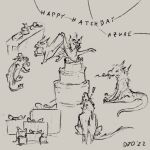  1:1 birthday birthday_cake cake clothing dessert diamondbackdrake digital_drawing_(artwork) digital_media_(artwork) dragon english_text female feral food group hat hatchday headgear headwear hybrid male monochrome rainwing_(wof) seawing_(wof) signature sketch skywing_(wof) text wings_of_fire 