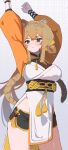  1girl absurdres animal_ears arknights arms_up binware black_shorts breasts brown_eyes brown_hair cowboy_shot dress du_(arknights) highres long_hair looking_at_viewer medium_breasts orange_sleeves pelvic_curtain shorts solo tail tiger_ears tiger_girl tiger_tail white_dress 