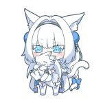  1girl animal animal_ears blue_eyes braid cape chibi dobrynya_nikitich_(dream_portrait)_(fate) dobrynya_nikitich_(fate) dragon fate/grand_order fate_(series) garter_straps hairband holding holding_animal long_hair low-tied_long_hair mineda_mayu tail thighhighs white_background white_hair 