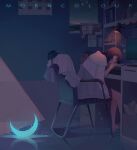  1girl artist_name bare_legs black_hair bracelet calendar_(object) chair crescent desk glowing jewelry lamp monitor morncolour original poster_(object) shadow short_hair sleeping slippers solo sweater white_sweater 