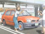  1boy 1girl animal blurry brown_hair car cat cellphone closed_eyes convenience_store depth_of_field flip-flops grin ground_vehicle jettoburikku karaage medium_hair motor_vehicle nissan original overalls phone sandals shop short_hair smartphone smile taking_picture v white_hair 