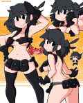  1girl arm_up armpits artist_name ass back bangs bare_shoulders belt black_eyes black_gloves black_hair black_thighhighs blush breasts chest_harness chibi cleavage closed_mouth collarbone commentary crab english_commentary feet_out_of_frame furrowed_brow gloves hair_between_eyes hair_bun halftone halftone_background hand_on_hip hands_on_own_face hands_up harness highres kill_la_kill light_frown long_hair looking_at_viewer lucia_(scott_malin) lying median_furrow medium_breasts multiple_views navel no_mouth nudist_beach_uniform on_stomach orange_background original outline paint_splatter salute scott_malin sideboob sidelocks simple_background smile standing thighhighs tsurime two-tone_background upper_body utility_belt white_background white_outline 