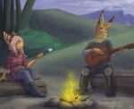  absurd_res anthro armor blue_eyes brown_body brown_fur brown_stripes caesars_legion campfire camping candy clothing dessert duo ear_stripes fan_character female flannel_shirt food footwear fur green_eyes guitar hair hi_res lady-darkstreak lagomorph leg_armor legate_lapinus_(character) leporid lombax male male/female mammal marshmallow mouth_scar musical_instrument pink_hair playing_guitar playing_music plucked_string_instrument rabbit ratchet_and_clank scar sitting sony_corporation sony_interactive_entertainment string_instrument stripes tan_body tan_fur video_games yellow_body yellow_fur 