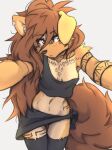  anthro apogee_(tinygaypirate) arm_tuft big_tail black_nose breasts brown_body brown_eyes brown_fur brown_hair canid canine canis cheek_tuft cleavage clothed clothing cowlick domestic_dog ear_over_eye ear_piercing eyebrow_through_hair eyebrows facial_markings facial_piercing facial_tuft female first_person_view floppy_ears fur furgonomics furry-specific_piercing grey_background hair hair_over_eye head_markings hi_res inner_ear_fluff leaning leaning_forward legwear long_hair looking_at_viewer mammal markings messy_hair midriff mottled mottled_nose muzzle_piercing navel nose_piercing off_shoulder one_eye_obstructed piercing pink_nose shirt simple_background slim solo spitz standing tank_top thigh_gap thigh_highs tinygaypirate topwear translucent translucent_hair tuft 