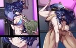  1boy 1girl :&gt;= absurdres animal_ears bikini bikini_top_only blue_eyes blue_hair blush breasts censored cleavage fellatio fingerless_gloves gloves hair_ornament hair_over_one_eye hairclip hetero highres holding holding_money indie_virtual_youtuber medium_breasts money navel oral penis prostitution punk raccoon_ears raccoon_girl raccoon_tail shiny shiny_hair shiny_skin short_hair smoking snuffy_(vtuber) standing steve_chopz swimsuit tail tattoo 