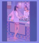  1girl bare_legs barefoot bathroom black_hair border collared_shirt flower full_body glowing hair_behind_ear holding holding_phone medium_hair mirror morncolour off_shoulder original phone pink_flower pink_shorts plant potted_plant purple_border purple_theme reflection rubber_duck shirt shorts sink solo standing tile_wall tiles toothbrush white_shirt 
