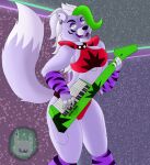 2022 anthro armwear breasts canid canine canis clothed clothing collar curvaceous curvy_figure ear_piercing electric_guitar eyelashes eyeshadow female five_nights_at_freddy&#039;s five_nights_at_freddy&#039;s:_security_breach fur glowing glowing_eyes green_hair guitar hair hi_res holding_musical_instrument holding_object keyboard_instrument keytar leggings legwear lipstick looking_at_viewer machine makeup mammal medium_breasts multicolored_body multicolored_fur multicolored_hair musical_instrument open_mouth open_smile piercing plucked_string_instrument purple_body purple_fur roxanne_wolf_(fnaf) sammyc96 scottgames shaded sharp_teeth signature smile solo spiked_collar spikes standing string_instrument teeth thick_thighs tongue video_games voluptuous white_body white_fur white_hair wide_hips wolf yellow_eyes 