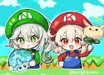  2girls blonde_hair blue_overalls commentary cosplay genshin_impact green_eyes green_headwear green_shirt hat klee_(genshin_impact) kuromu_shado looking_at_viewer luigi luigi_(cosplay) mario mario_(cosplay) mario_(series) multiple_girls nahida_(genshin_impact) open_mouth overalls red_eyes red_headwear red_shirt shirt smile twitter_username white_hair 