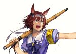  1girl animal_ears armband bamboo_memory_(umamusume) bangs blue_eyes bow bowtie brown_hair hair_between_eyes headband holding holding_sword holding_weapon horse_ears jugemu_(qqkyon) multicolored_hair open_mouth outstretched_arm puffy_short_sleeves puffy_sleeves purple_bow purple_bowtie purple_shirt sailor_collar school_uniform shinai shirt short_hair short_sleeves simple_background solo streaked_hair sweat sword tracen_school_uniform umamusume upper_body v-shaped_eyebrows weapon white_background 