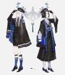  2boys adjusting_clothes adjusting_headwear aiguillette black_cape black_cloak black_footwear black_gloves black_hair black_hakama black_headwear black_jacket black_shorts blue_bow blue_socks book boots bow cape cloak closed_mouth collared_shirt dress_shirt dual_persona earrings epaulettes flower forever_7th_capital full_body gloves hakama hand_on_headwear hand_up hat highres holding holding_book iscario_(forever_7th_capital) jacket japanese_clothes jewelry kneehighs layered_sleeves legwear_garter logo long_hair long_sleeves looking_afar male_focus mole mole_under_eye mrthersh multiple_boys shirt shoes short_hair short_over_long_sleeves short_sleeves shorts simple_background socks stole symmetrical_pose tassel two-sided_cape two-sided_fabric white_background white_flower white_footwear white_hair white_shirt yellow_eyes 