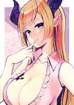  1girl 5to_rai :3 bat_tattoo blonde_hair blue_eyes blush breast_tattoo breasts cleavage closed_mouth collarbone collared_shirt commentary demon_horns eyebrows_hidden_by_hair eyelashes finger_to_mouth highres hololive horns large_breasts lips long_hair looking_at_viewer patterned_background pink_shirt pointy_ears seductive_smile shirt sleeveless sleeveless_shirt smile solo straight_hair tattoo upper_body virtual_youtuber wing_collar yuzuki_choco 
