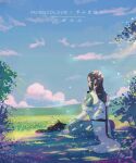  2boys absurdres bidiu_(the_legend_of_luoxiaohei) black_cat black_hair blue_sky cat closed_eyes cloud grass heixiu highres leaf long_hair low-tied_long_hair luoxiaohei morncolour multiple_boys outdoors plant profile short_sleeves sky speech_bubble the_legend_of_luo_xiaohei translation_request tree very_long_hair wide_shot wuxian_(the_legend_of_luoxiaohei) 