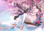  1girl animal_ears bow branch brown_hair douluo_dalu dress flower footwear_bow hair_flower hair_ornament leaf pink_dress ponytail rabbit_ears red_flower second-party_source shoes solo swing_set thighhighs xiao_wu_(douluo_dalu) zhi_shui_re 