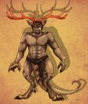  abs anthro black_belt black_claws brown_body brown_ears brown_inner_ear brown_tail claws clothed clothing digitigrade fangs front_view imperatorcaesar looking_at_viewer male muscular muscular_anthro muscular_male pecs red_antlers sharp_teeth simple_background solo standing teeth topless 