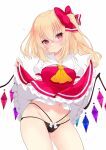  1girl ass black_panties blonde_hair blush clothes_lift crystal_wings flandre_scarlet long_hair looking_at_viewer panties red_eyes red_skirt ribbon skirt skirt_lift thighs tosakaoil touhou underwear vampire wings 