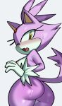  2022 anthro areola big_butt blaze_the_cat blush bodily_fluids breasts butt clothing domestic_cat felid feline felis female fiinel fur gloves handwear looking_at_viewer looking_back looking_back_at_viewer mammal nipples open_mouth purple_body purple_fur sega simple_background solo sonic_the_hedgehog_(series) sweat sweaty_butt white_background yellow_eyes 