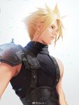  1boy aqua_eyes armor bare_shoulders blonde_hair blue_eyes closed_mouth cloud_strife earrings final_fantasy final_fantasy_vii frown highres jewelry looking_away male_focus motion_blur oten pauldrons ribbed_sweater screw shoulder_armor simple_background sleeveless sleeveless_sweater sleeveless_turtleneck solo spiked_hair stud_earrings sweater toned toned_male turtleneck upper_body weibo_logo weibo_username white_background 