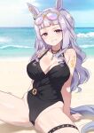 1girl absurdres animal_ears arm_support bangs beach black_swimsuit blunt_bangs breasts day eyewear_on_head gold_ship_(umamusume) goyain grey_hair grin highres horse_ears horse_girl horse_tail large_breasts long_hair looking_at_viewer one-piece_swimsuit outdoors purple_eyes sitting smile solo sunglasses swimsuit tail umamusume 