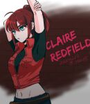  1girl 2020 arm_behind_head arms_up bangs black_shirt character_name claire_redfield dated green_eyes hair_between_eyes highres jacket long_hair midriff navel open_clothes open_jacket parted_lips ponytail red_hair red_jacket resident_evil rhodium_(rh) shiny shiny_hair shirt short_sleeves sketch solo standing stomach stretching twitter_username wing_collar 