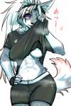  abs absurd_res accessory anthro big_breasts bodily_fluids breasts canid canine canis claws clothed clothing clothing_lift digital_media_(artwork) female fingerless_gloves fingers fur gloves grey_body grey_fur hair handwear headband hi_res long_hair mammal midriff navel okami_bark one_eye_closed ookamiwaho open_mouth ponytail simple_background solo sweat topwear under_boob white_body white_fur white_hair wolf workout_clothing 