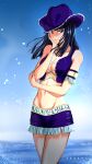  1girl aboart00 arm_strap artist_name black_hair blue_eyes blue_headwear breasts cleavage closed_mouth collarbone day groin highres long_hair looking_at_viewer medium_breasts miniskirt navel nico_robin no_bra ocean one_piece outdoors purple_skirt shiny shiny_hair shiny_skin skirt sleeveless smile solo 