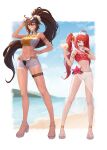  2girls :d adjusting_eyewear ahoge arc2urus armlet bandaid bandaid_on_cheek bandaid_on_face bangs bare_shoulders beach bead_bracelet beads bikini blue_sky bracelet breasts brown_eyes brown_hair buckle clothes_writing cloud commentary cup day dnf_duel drink drinking_glass dungeon_and_fighter english_commentary fang female_mage_(dungeon_and_fighter) fighter_(dungeon_and_fighter) flat_chest flip-flops floating_hair flower food frilled_bikini frills fruit full_body grin hair_between_eyes hair_bobbles hair_flower hair_ornament hand_on_hip hand_up high_heels high_ponytail highres holding holding_cup ice jewelry legs_apart lemon lemon_slice long_hair looking_at_viewer mage_(dungeon_and_fighter) medium_breasts mismatched_bikini multiple_girls navel ocean one_eye_closed outdoors pink_flower pointy_ears ponytail red-framed_eyewear red_bikini red_eyes red_hair sandals sarong see-through shorts sidelocks sky smile sports_bikini standing star-shaped_eyewear stomach strappy_heels striker_(dungeon_and_fighter) sunglasses swimsuit thigh_strap twintails unbuttoned_shorts very_long_hair white_bikini white_flower white_footwear white_shorts wristband zipper zipper_pull_tab 