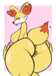  2022 anthro anthrofied anus areola big_breasts big_butt breasts bustingmangos butt canid canine digital_media_(artwork) female fennekin fluffy fluffy_tail fox fur genitals hi_res inner_ear_fluff looking_at_viewer looking_back mammal nintendo nipples nude orange_body orange_eyes orange_fur pok&eacute;mon pok&eacute;mon_(species) pussy side_boob simple_background smile solo thick_thighs tongue tongue_out tuft video_games yellow_body yellow_fur 