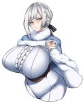  1girl asymmetrical_hair blouse blue_cape blue_eyes breasts cape clock commission cropped_legs curvy english_commentary fluff fur_trim highres huge_breasts hz_(murder_license_) original pout shirt short_hair sleeves_past_wrists white_background winter_clothes 
