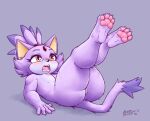  2022 4_toes 5_fingers anthro artist_name blasticussaturn blaze_the_cat breasts butt claws digital_media_(artwork) domestic_cat eulipotyphlan feet felid feline felis female fingers fur genitals hair hi_res legs_up lying mammal nipples nude on_back open_mouth pawpads paws purple_body purple_fur pussy sega simple_background solo sonic_the_hedgehog_(series) teeth toe_claws toes tongue video_games yellow_eyes 