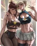  2girls arm_around_shoulder artist_name bangs bare_shoulders blonde_hair blurry blurry_background blush_stickers boku_no_hero_academia breasts brown_eyes brown_hair cleavage cleavage_cutout clothing_cutout commentary cowboy_shot dandon_fuga english_commentary foreshortening half-closed_eyes hand_on_another&#039;s_waist heart indoors large_breasts looking_at_viewer messy_hair miniskirt multiple_girls navel pantyhose parted_lips pleated_skirt skirt slit_pupils thighhighs thighs toga_himiko toned torn_clothes torn_legwear underboob underboob_cutout uraraka_ochako v 