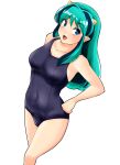  1girl absurdres aqua_hair blue_eyes blue_swimsuit breasts commentary_request feet_out_of_frame hand_on_hip highres horns long_hair looking_at_viewer lum medium_breasts nanao_futaba oni_horns pointy_ears school_swimsuit simple_background smile solo swimsuit urusei_yatsura white_background 