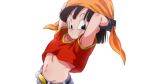  1girl arms_behind_head arms_up bandana bangs belt black_belt black_eyes black_gloves black_hair blunt_bangs breasts commentary dragon_ball dragon_ball_gt fingerless_gloves gloves grey_pants looking_at_viewer midriff navel orange_bandana pan_(dragon_ball) pants red_shirt rom_(20) shirt short_hair small_breasts upper_body 